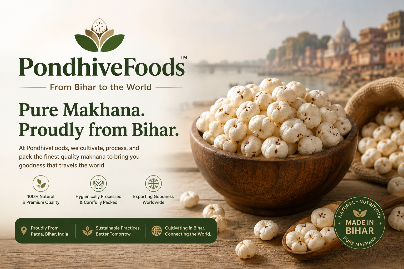 PondHive Foods premium plain makhana pouch and wooden bowl